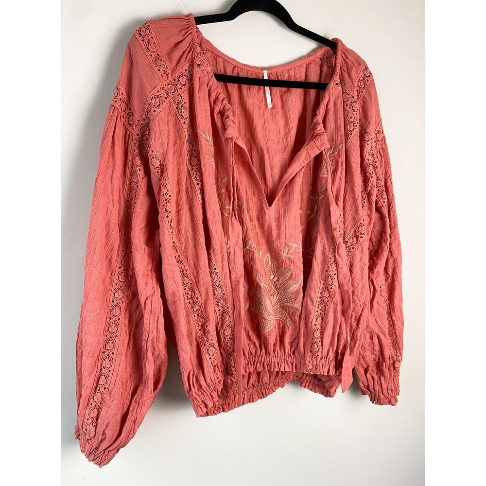 Free People Maria Maria Lace Embroidered Peasant Blouse S Terrocatta Oversized - Picture 4 of 11